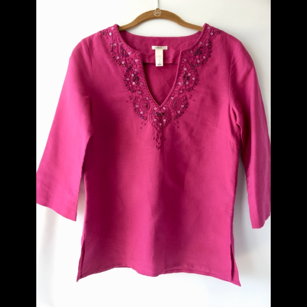 Embroidered neckline linen short tunic